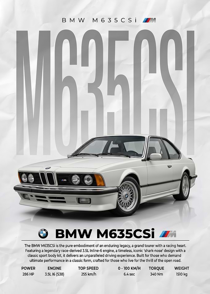 sleek white classic BMW M635CSi Vintage Car Poster