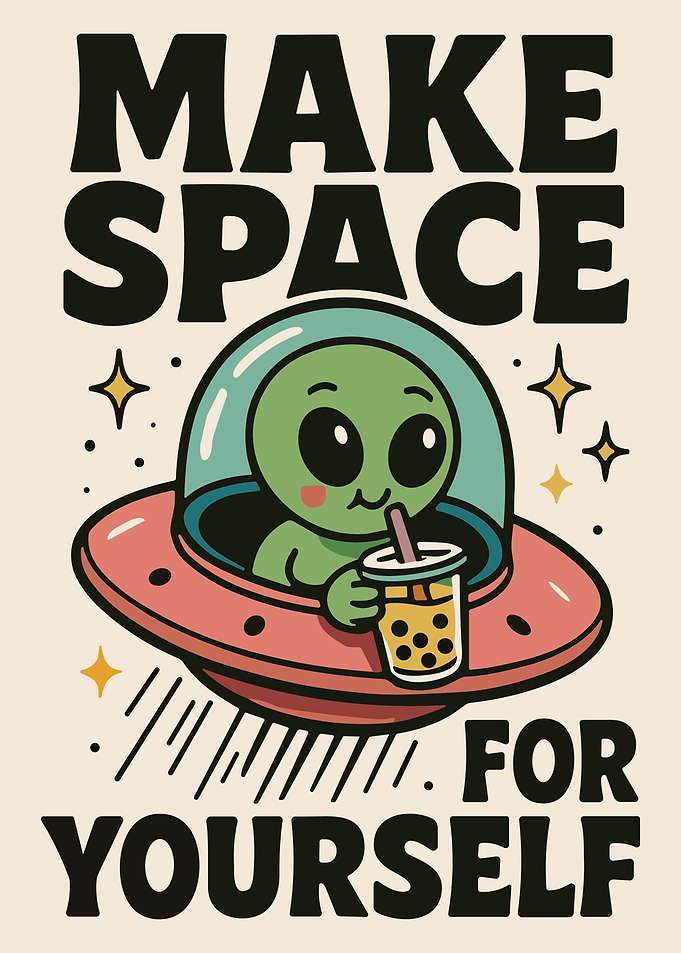 Cute Alien Bubble Tea Poster Retro UFO Cartoon Wall Art for Kawaii Space Decor