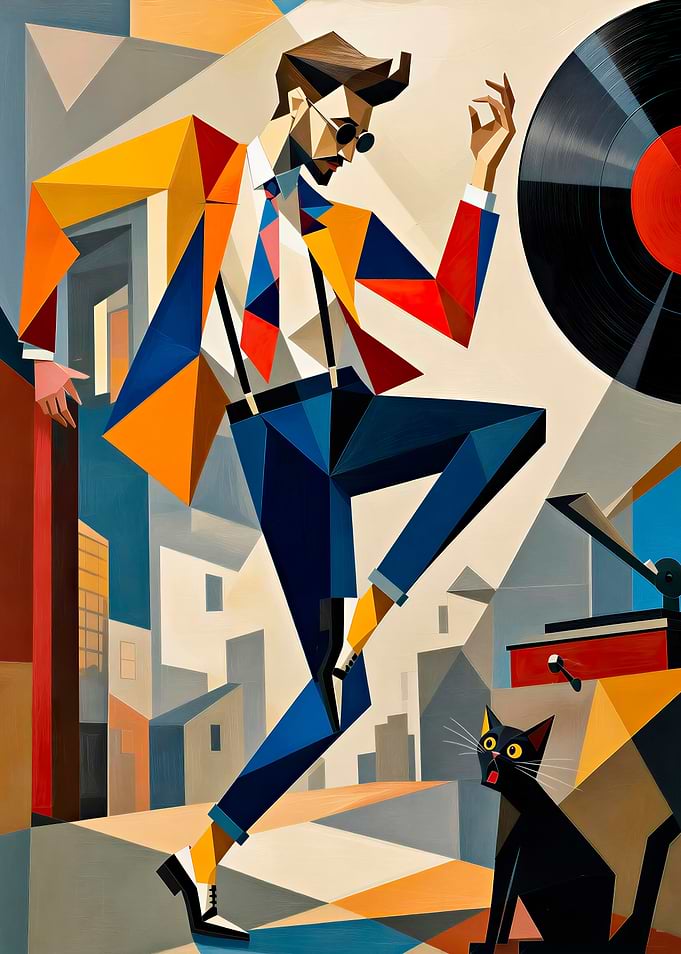 Cubist Man Dancing with Cat and Vinyl Record