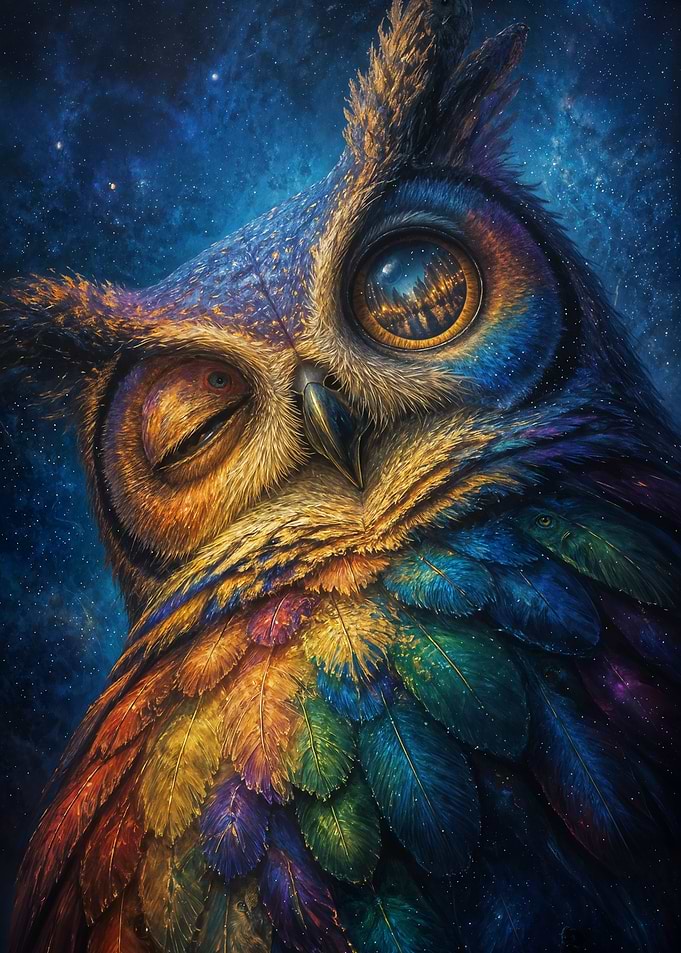 Rainbow Owl in Starry Night Sky