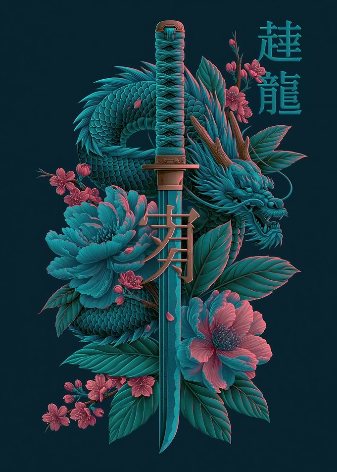 Dragon Katana and Flowers