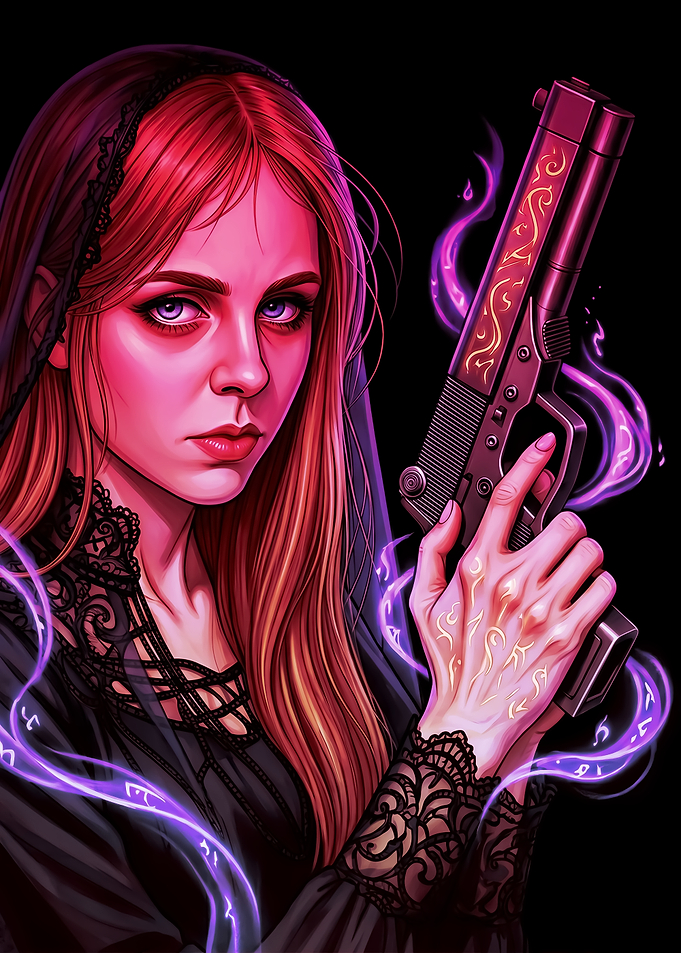 Mysterious Woman with Gun and Magic