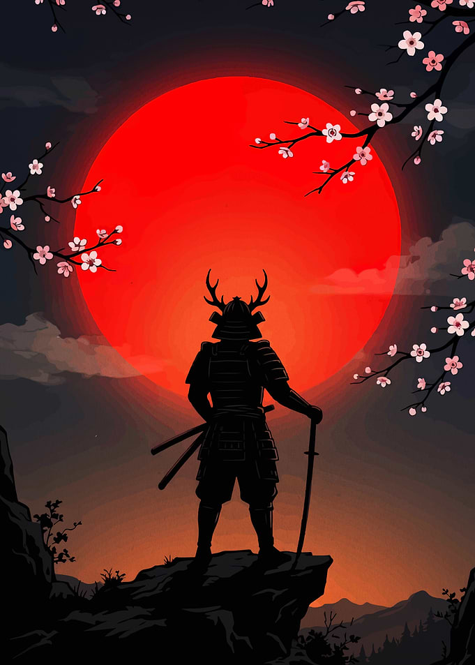 Samurai Silhouette Against Red Sun