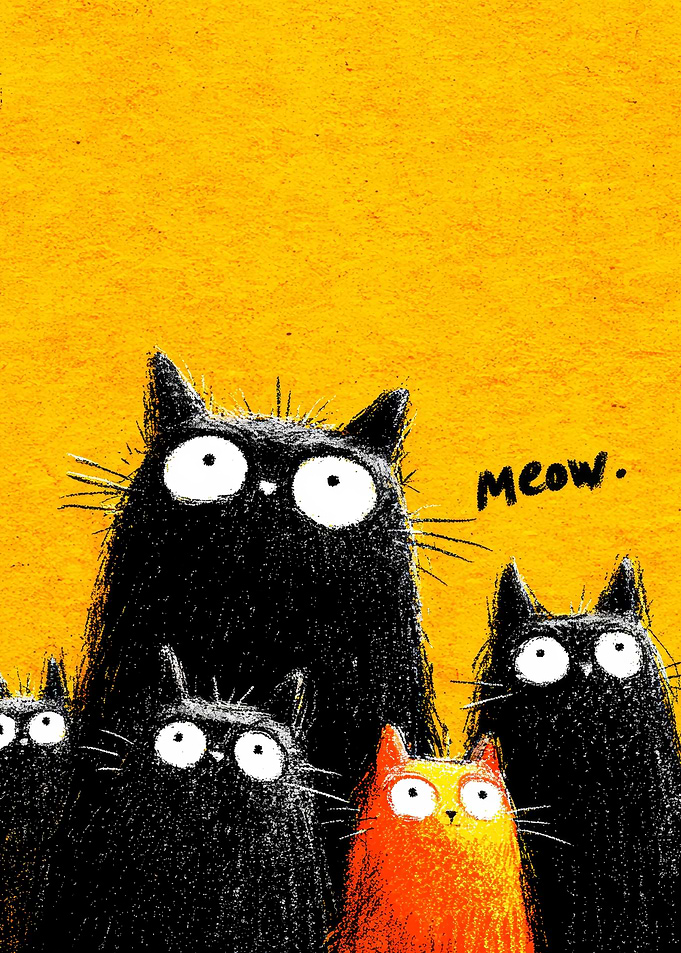 Funny Cats Meowing on Yellow Background