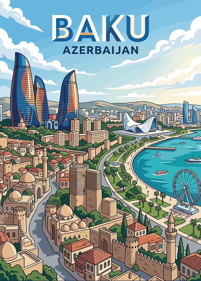 Baku Azerbaijan Cityscape Illustration