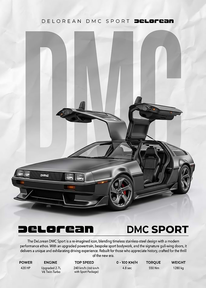 sleek gray DeLorean DMC Sport Car poster