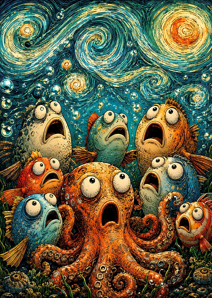 Surprised Sea Creatures Under Starry Sky