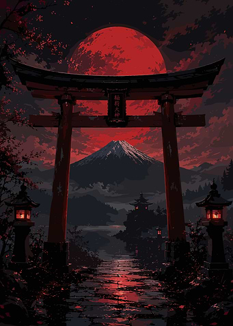 Torii Gate with Mount Fuji and Red Moon