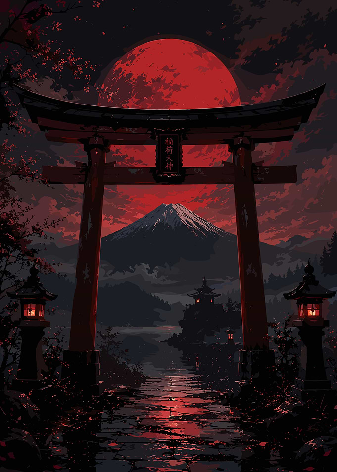 Torii Gate with Mount Fuji and Red Moon