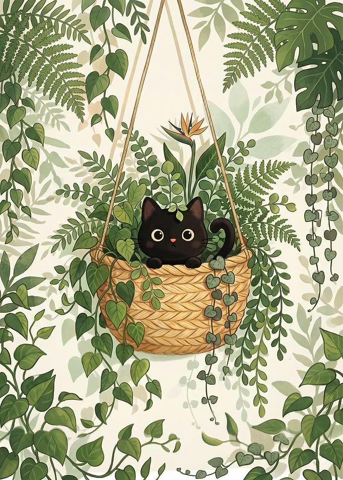 Cute Black Cat in Hanging Plant Basket