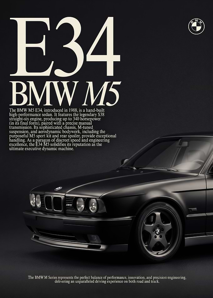 sleek black BMW M5 E34 car poster