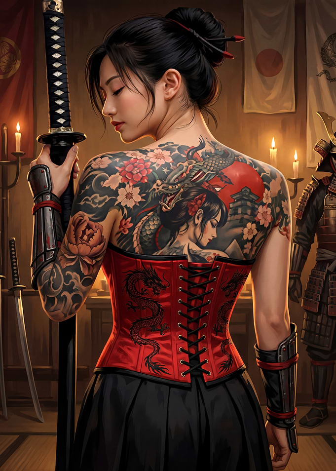 Tattooed Samurai Woman with Katana