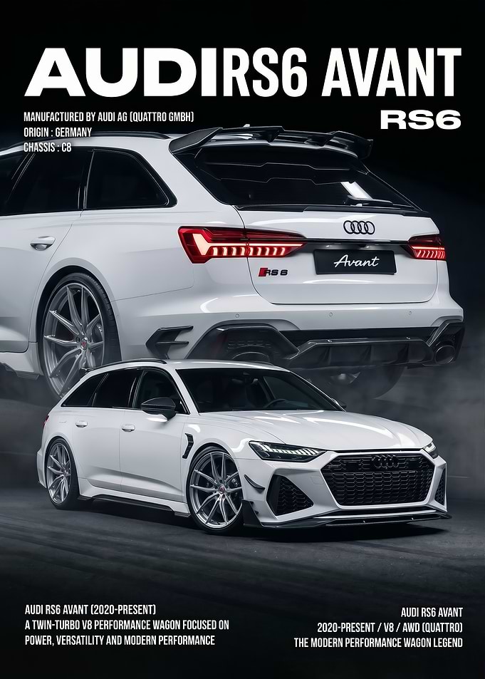 sleek white Audi RS6 Avant Wagon car poster