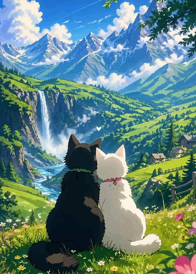 Two Cats Admire Mountain Waterfall