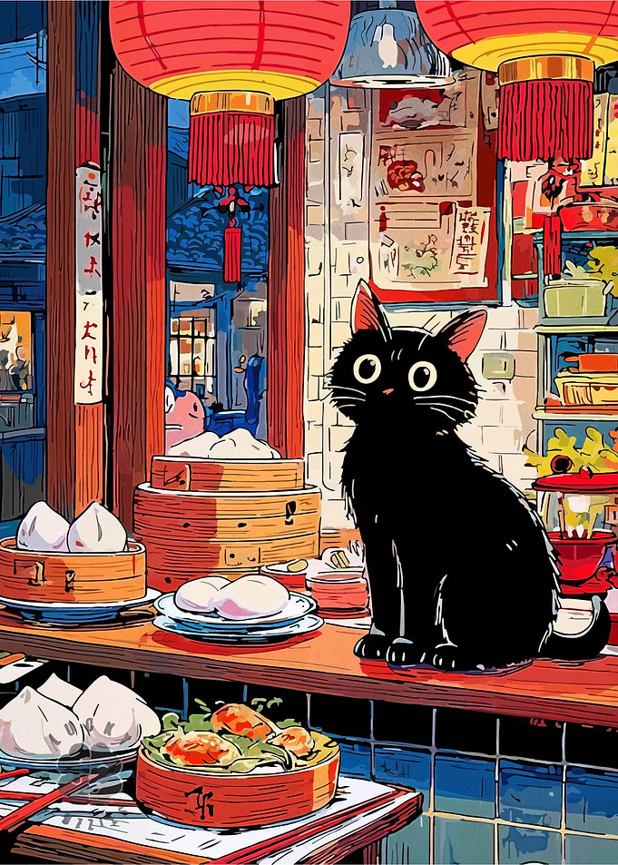 Black Cat in a Dim Sum Restaurant