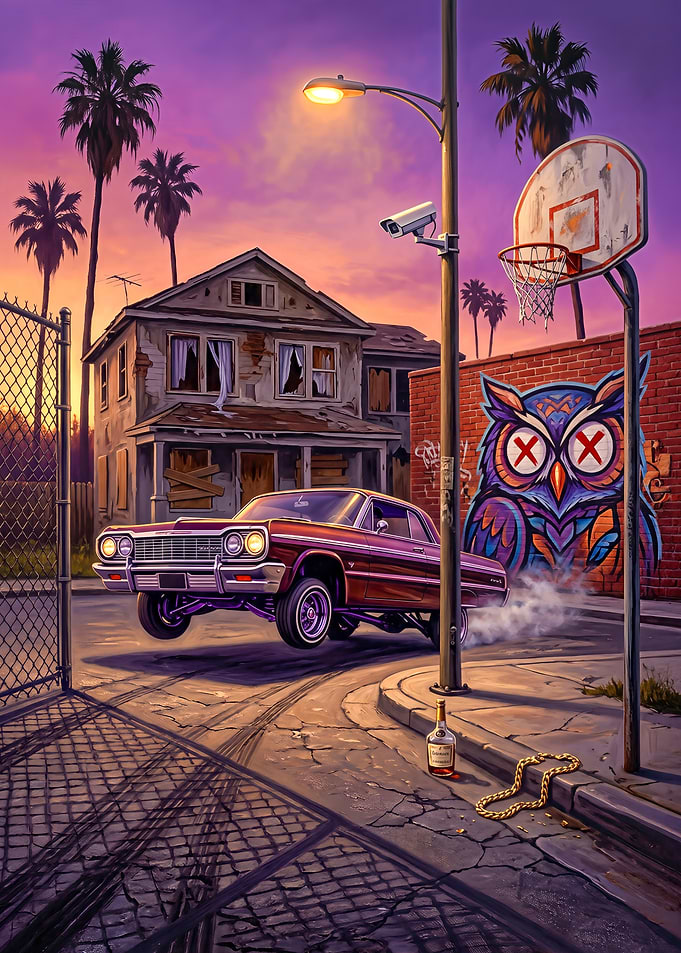 Not Like Us - Lowrider Car in Urban Sunset
