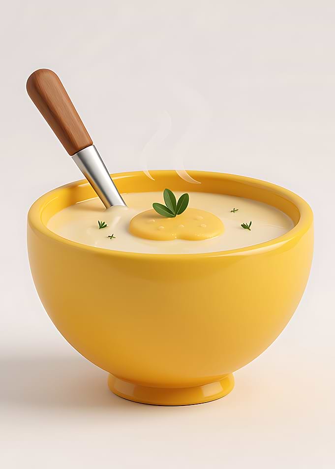 Yellow bowl of creamy soup with spoon
