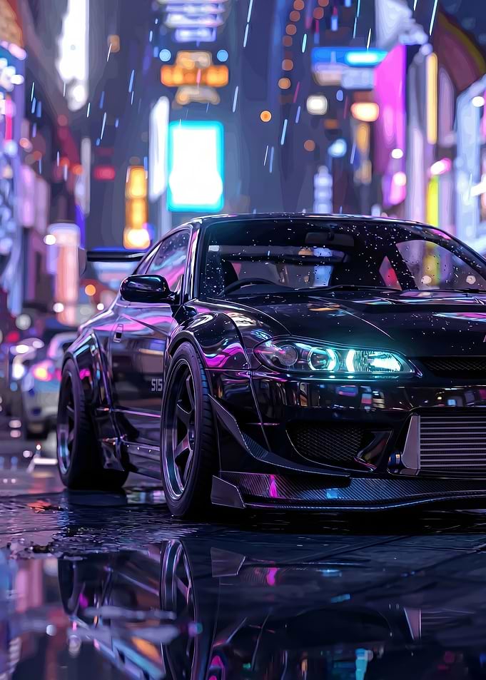 sleek Cyberpunk nissan silvia s15 in Rainy City
