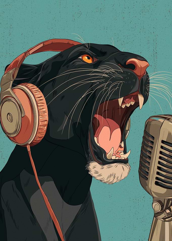 Panther with Headphones Singing into Microphone