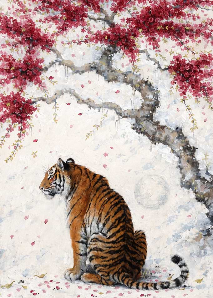 Tiger Under Cherry Blossom Tree