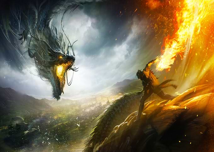 Dragon vs. Warrior with Fire Magic