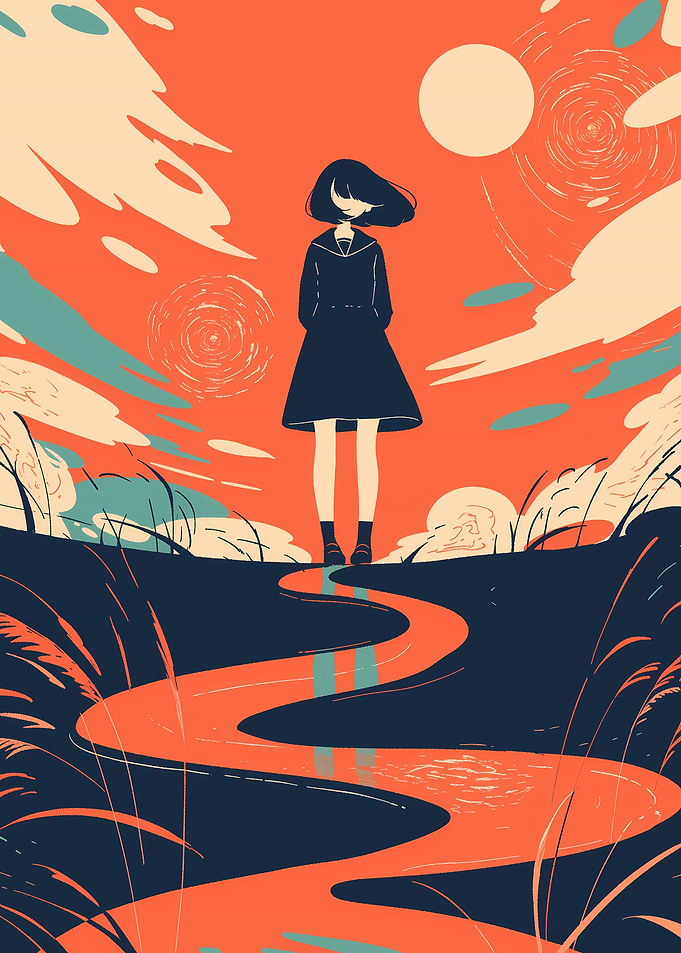 Girl Standing by a Winding River