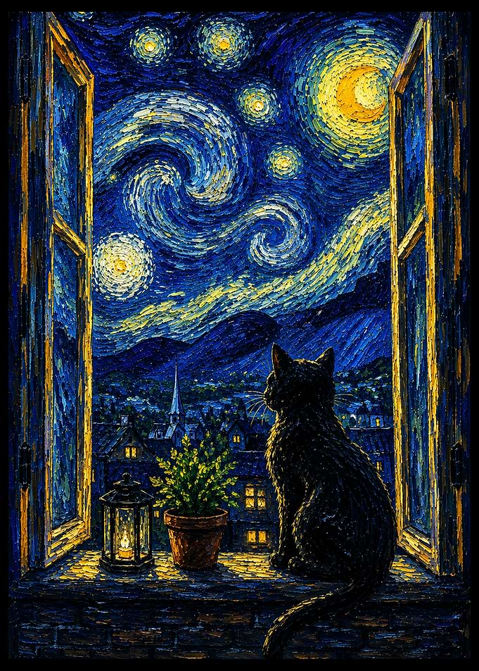 Black Cat Gazing at Starry Night Sky