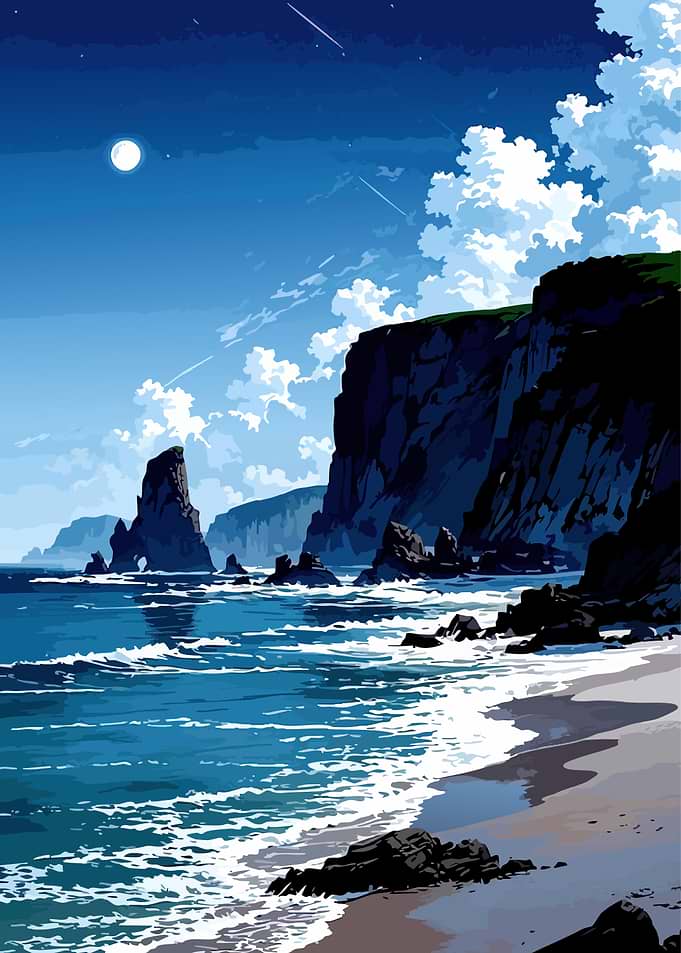 Moonlit Coastal Cliffs and Ocean