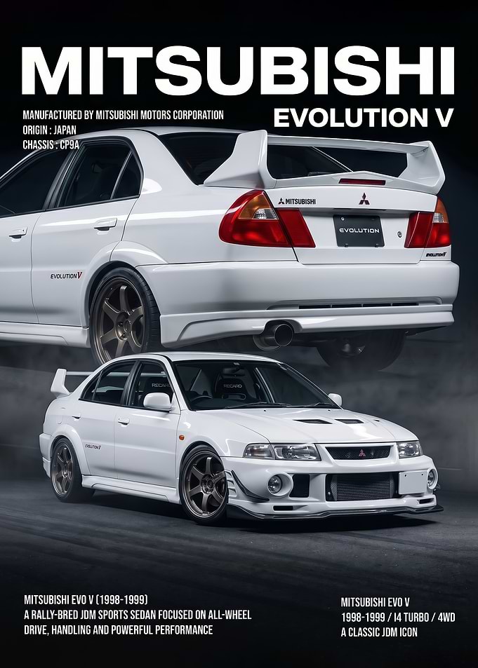 sleek white Mitsubishi Lancer Evolution V car poster