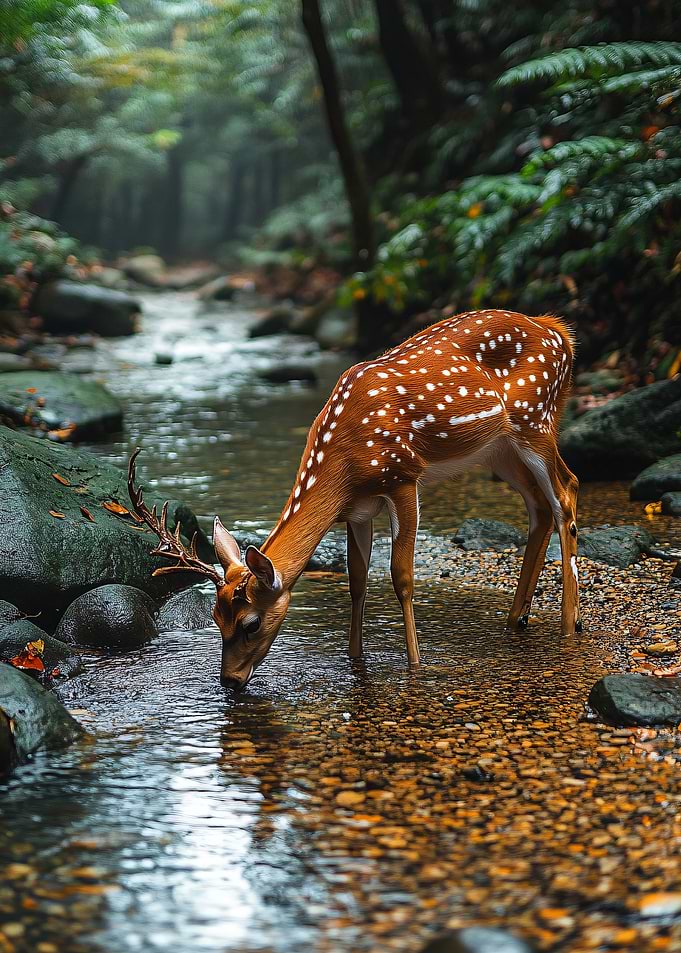 Deer drinking from a forest stream