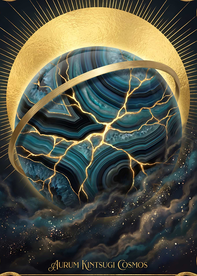 Kintsugi Planet in Cosmic Setting Golde Sun