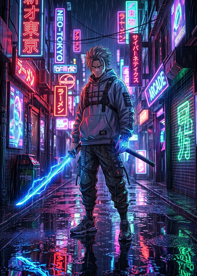 Cyberpunk Samurai in Neon City