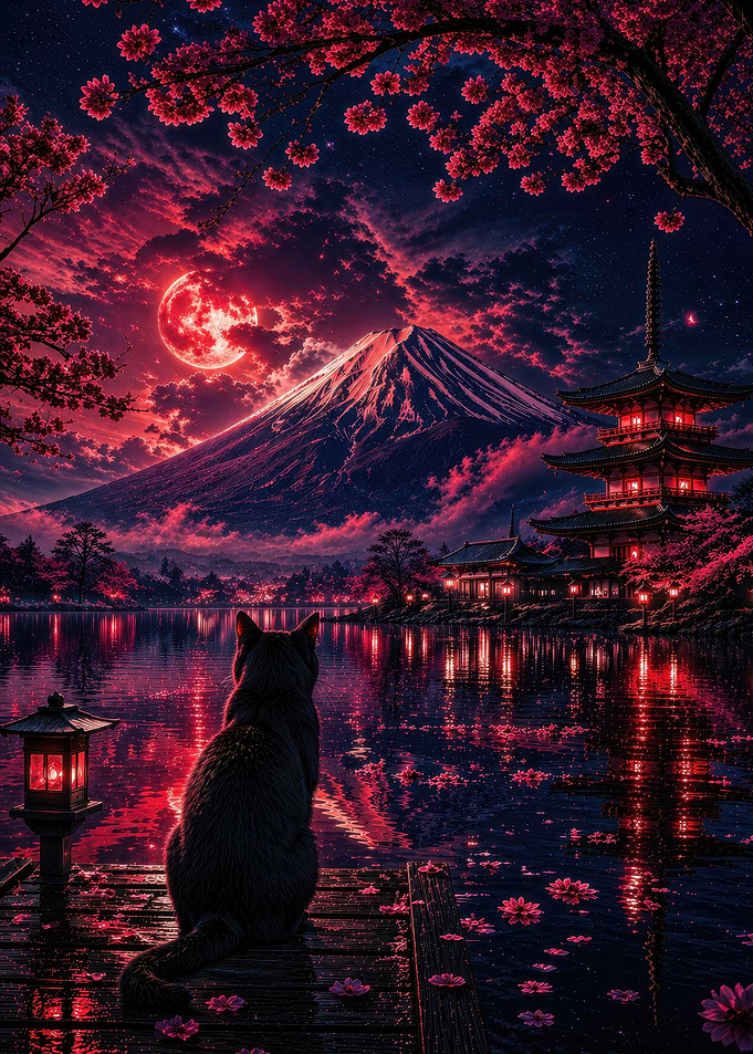 Black Cat Gazes at Mount Fuji Under Red Moon