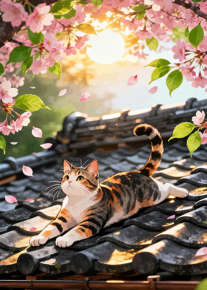 Cat on a tiled roof under cherry blossoms