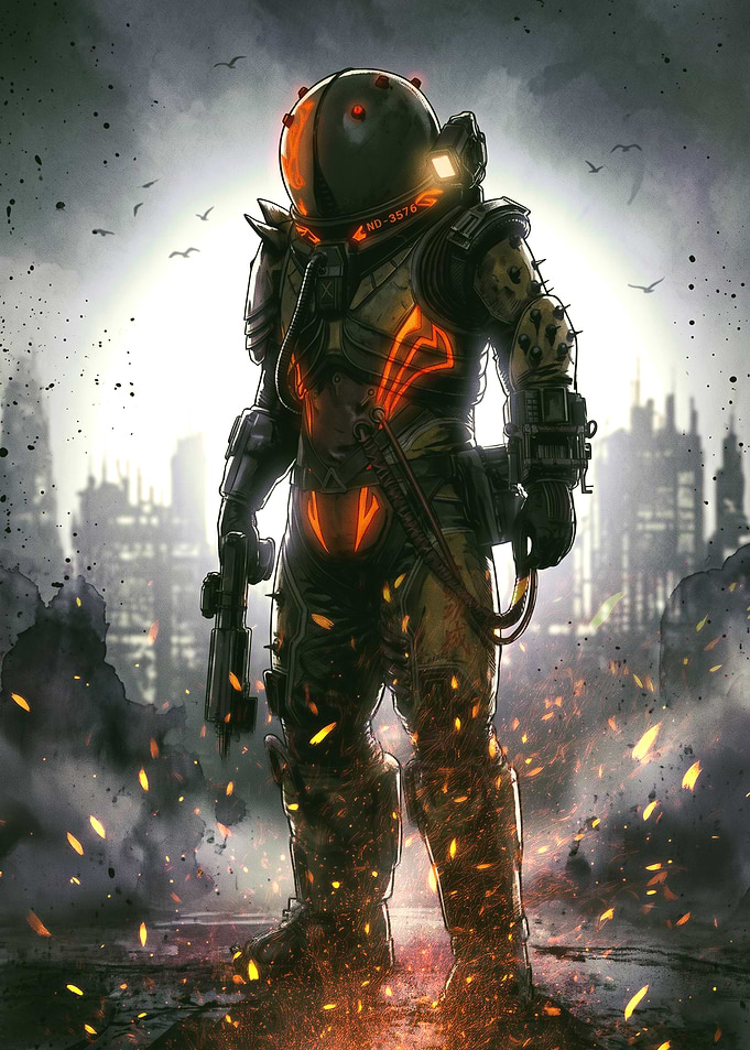 Post-apocalyptic soldier in fiery city