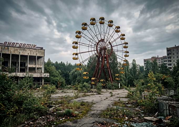 Abandoned Ferris Wheel and Building