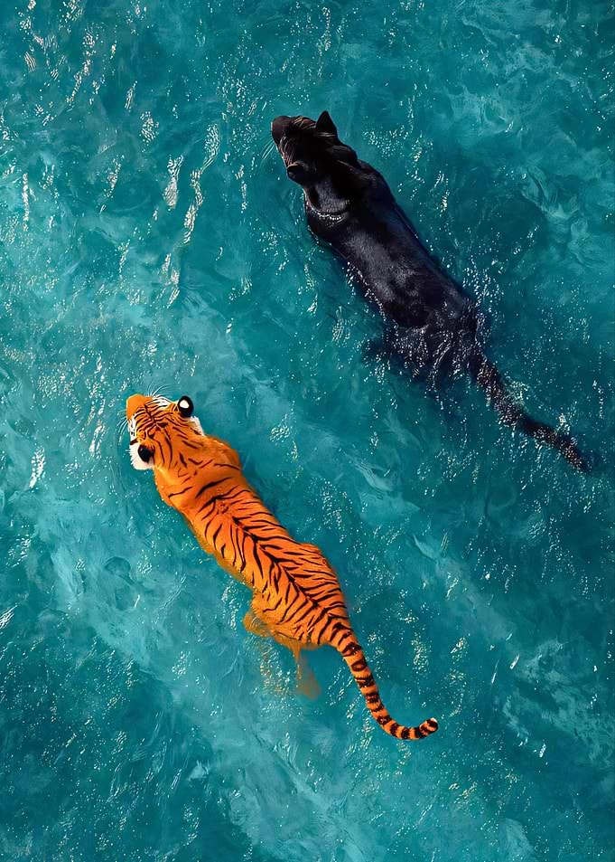 Tiger and Panther Swimming