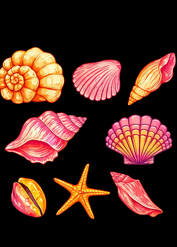 Collection of colorful seashells and starfish