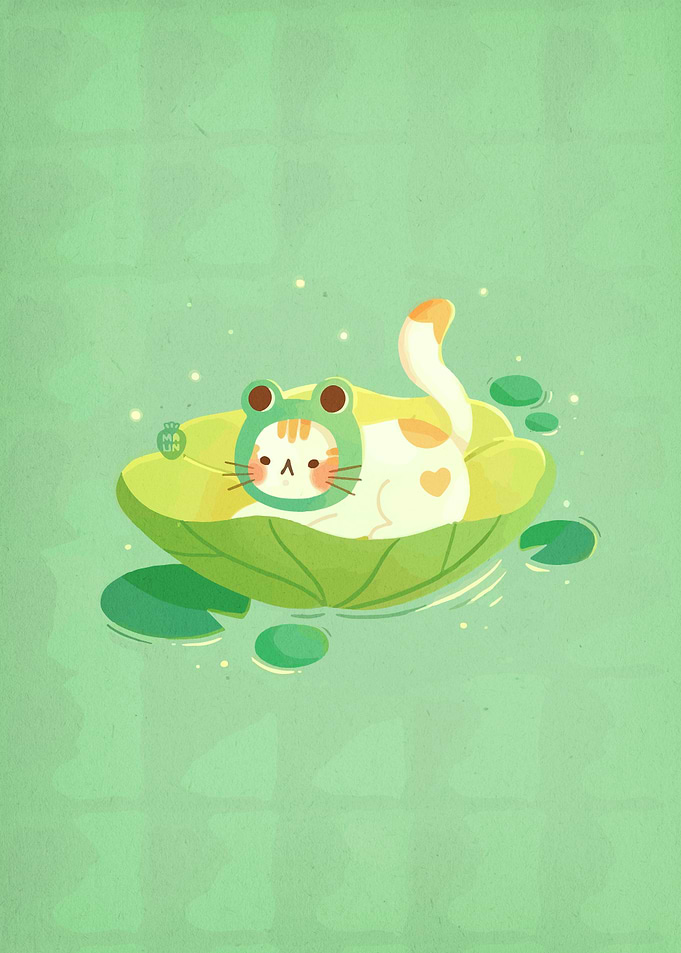 Cute Cat in Frog Hat on Lily Pad