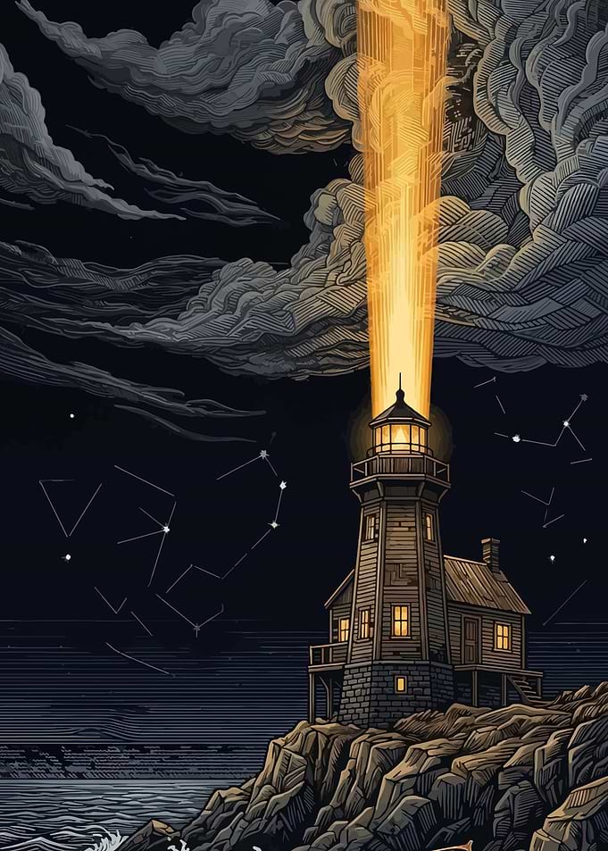 Lighthouse Beam Piercing Stormy Night Sky