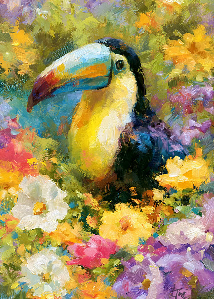 Toucan in a Floral Garden