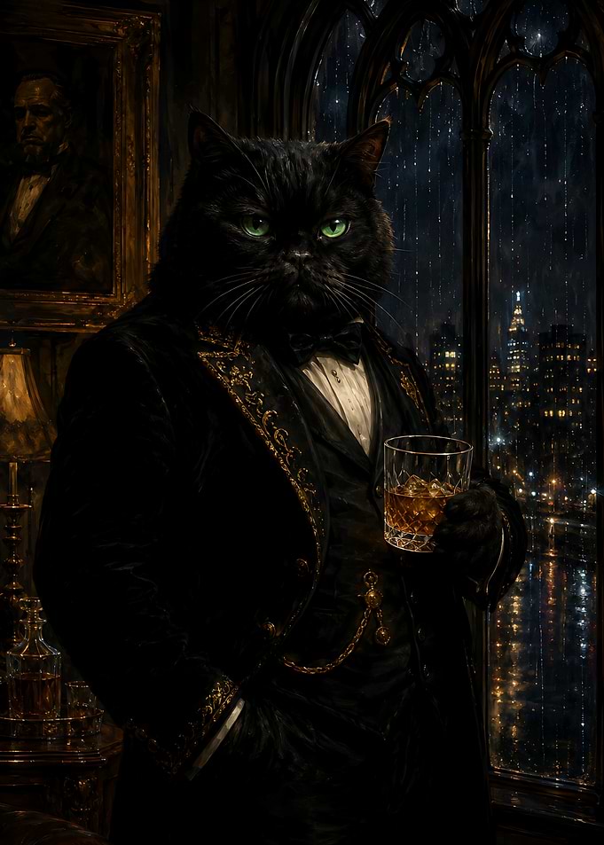 Black Cat Fathers Day Gift Gothic Window Rainy Night Cityscape Crystal Whiskey Tuxedo