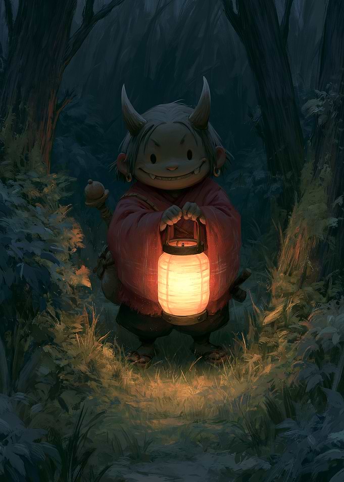 Oni holding a lantern in a forest