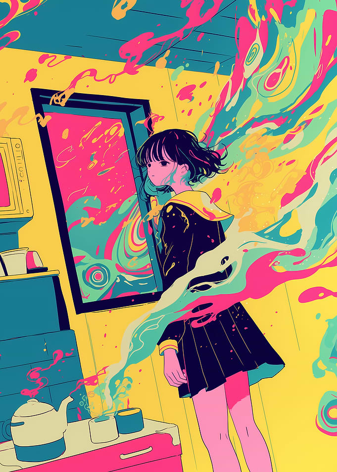 Anime Girl in Colorful Abstract Room
