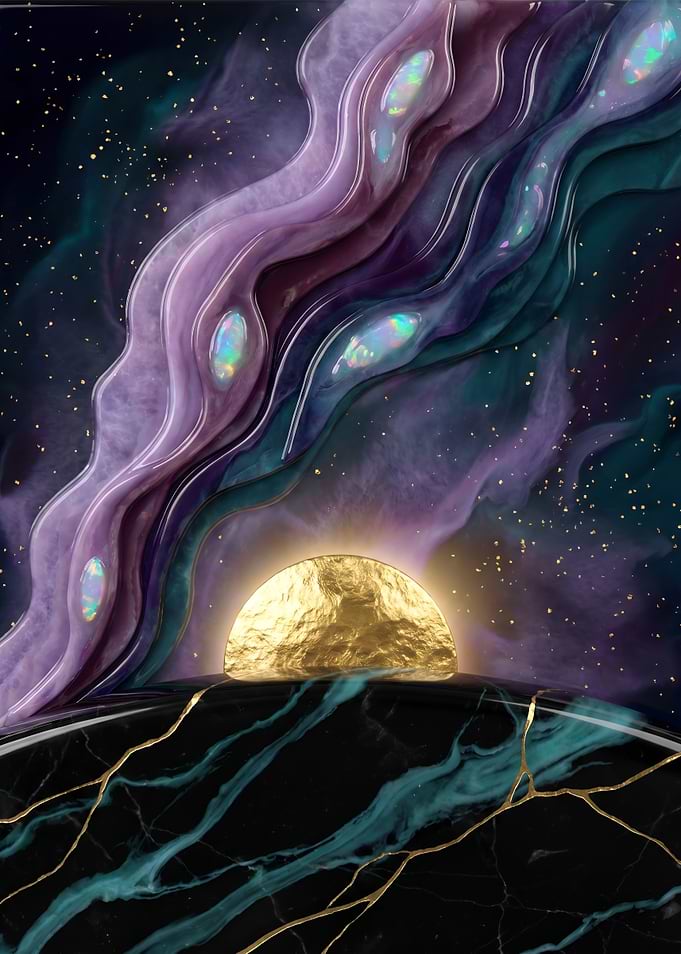 Cosmic Golden Sunrise Over Marble Landscape