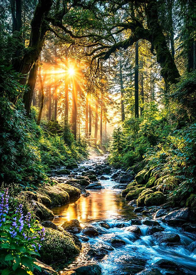 Ancient Forest Stream Sunrise