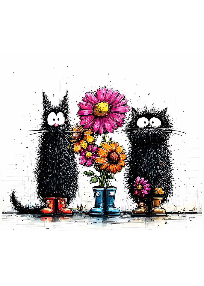 Two Fluffy Black Cats with Flowers