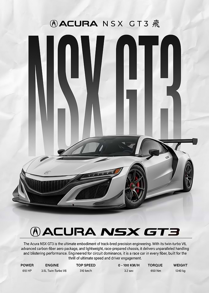 sleek sport Acura NSX GT3 Race Car poster