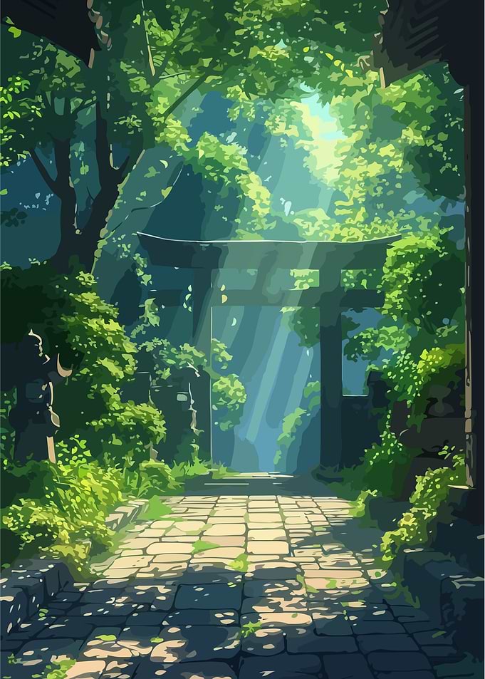 Serene Forest Path with Torii Gate