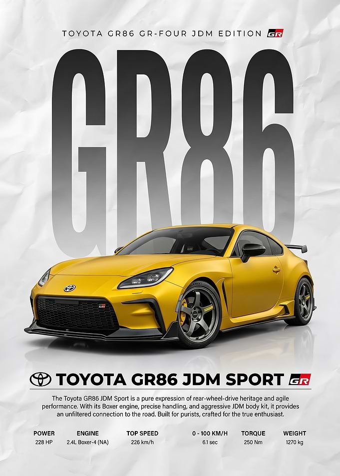 sleek yellow Toyota GR86 JDM Sport car poster